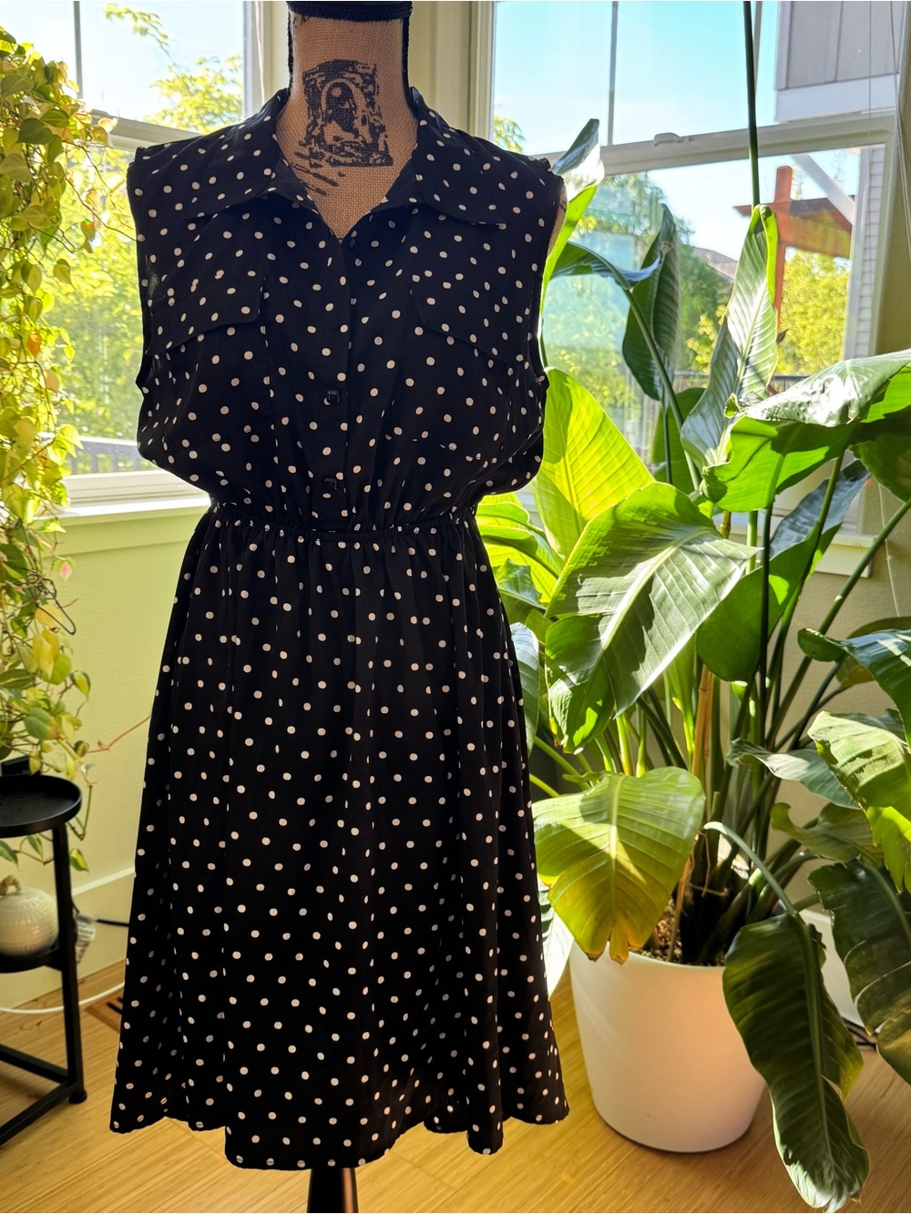 Sleeveless Black Polka Dot Shirt Dress - Classic Summer Style